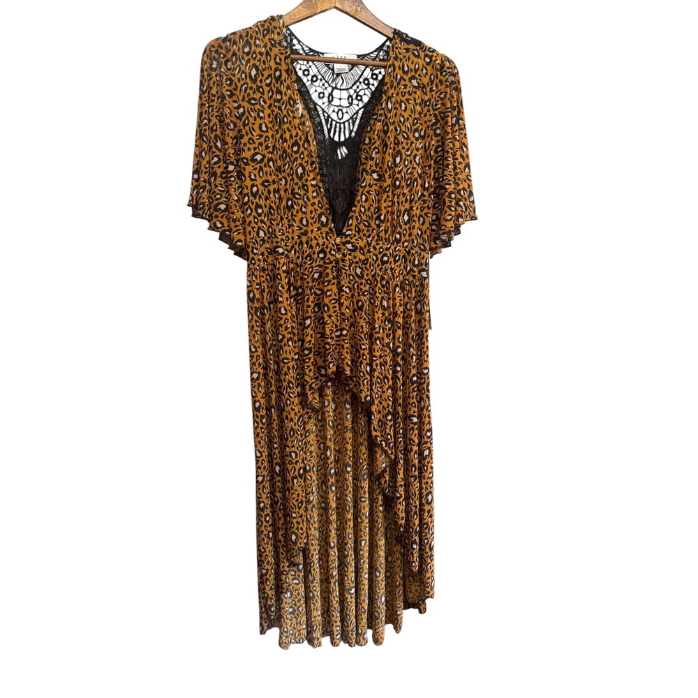 L.I.F.E. Love Is For Eternity Leopard High-Low Dress Womens L Brown NEW Crochet